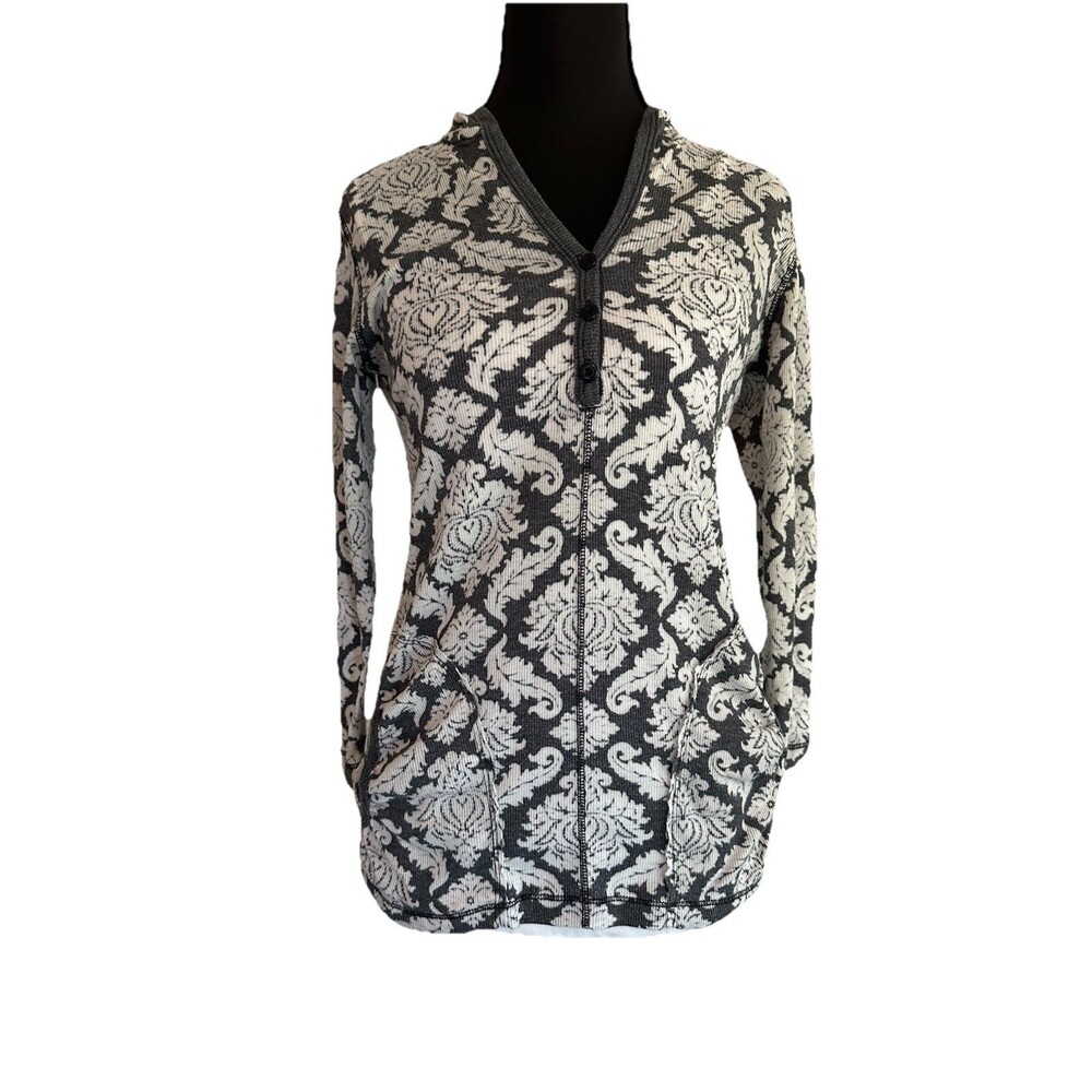 YTK Gray & White Damask Print lightweight Thermal Pullover Hoodie Sz 2
